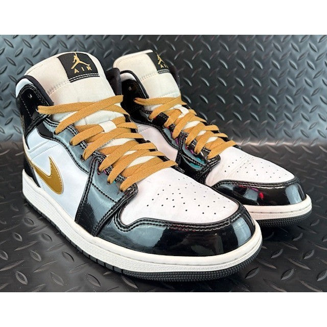 Jordan 1 Mid Patent Black White Gold 852542-007 Mens Sneakers size 111