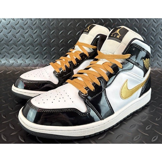 Jordan 1 Mid Patent Black White Gold 852542-007 Mens Sneakers size 110